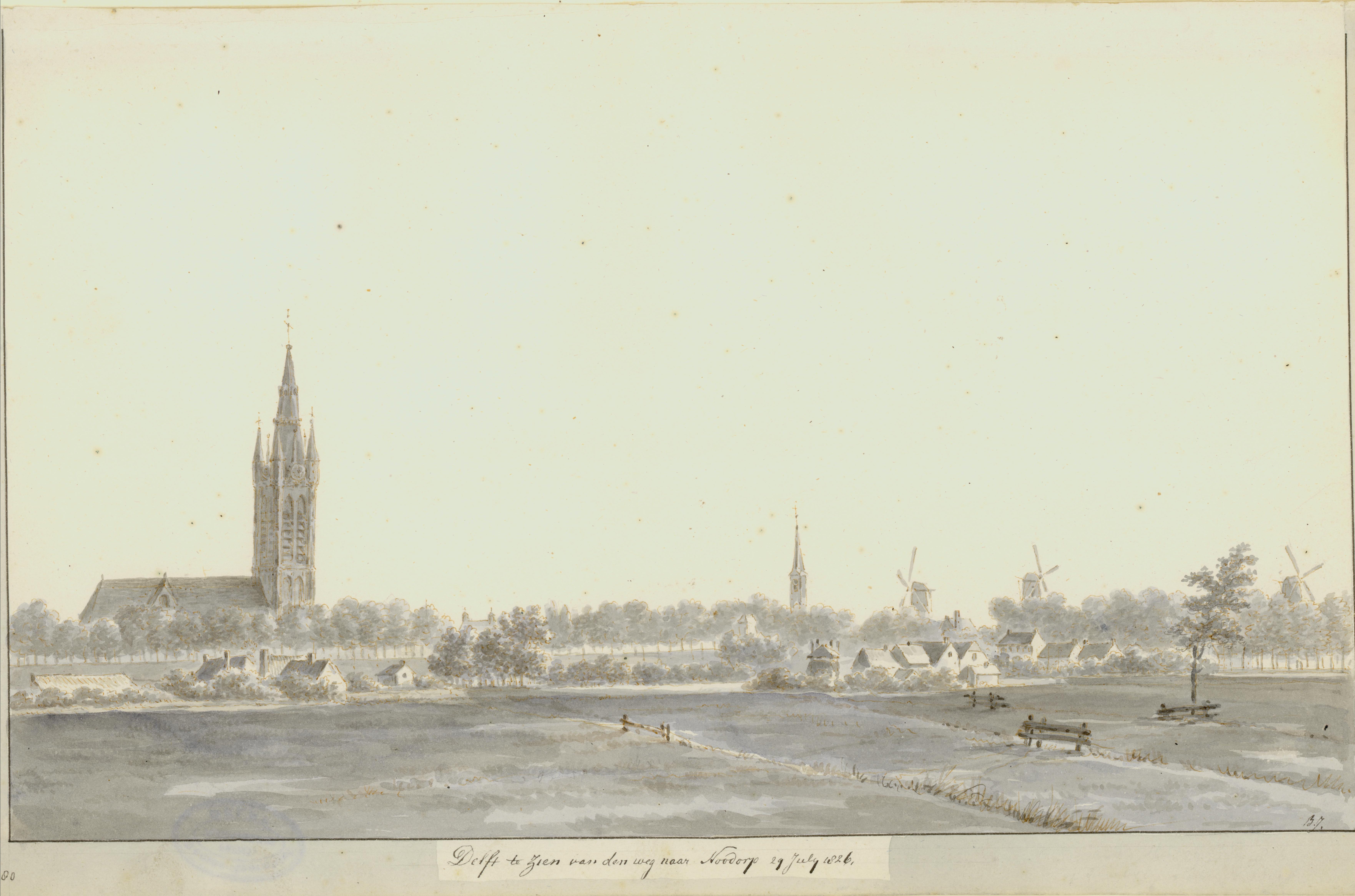 Delft te zien van den weg naar noodorp 29 july 1826